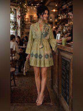 NWT BEAUTIFUL Embroidered Tiered Green and Cream Shimmer Dress with Gold Accents